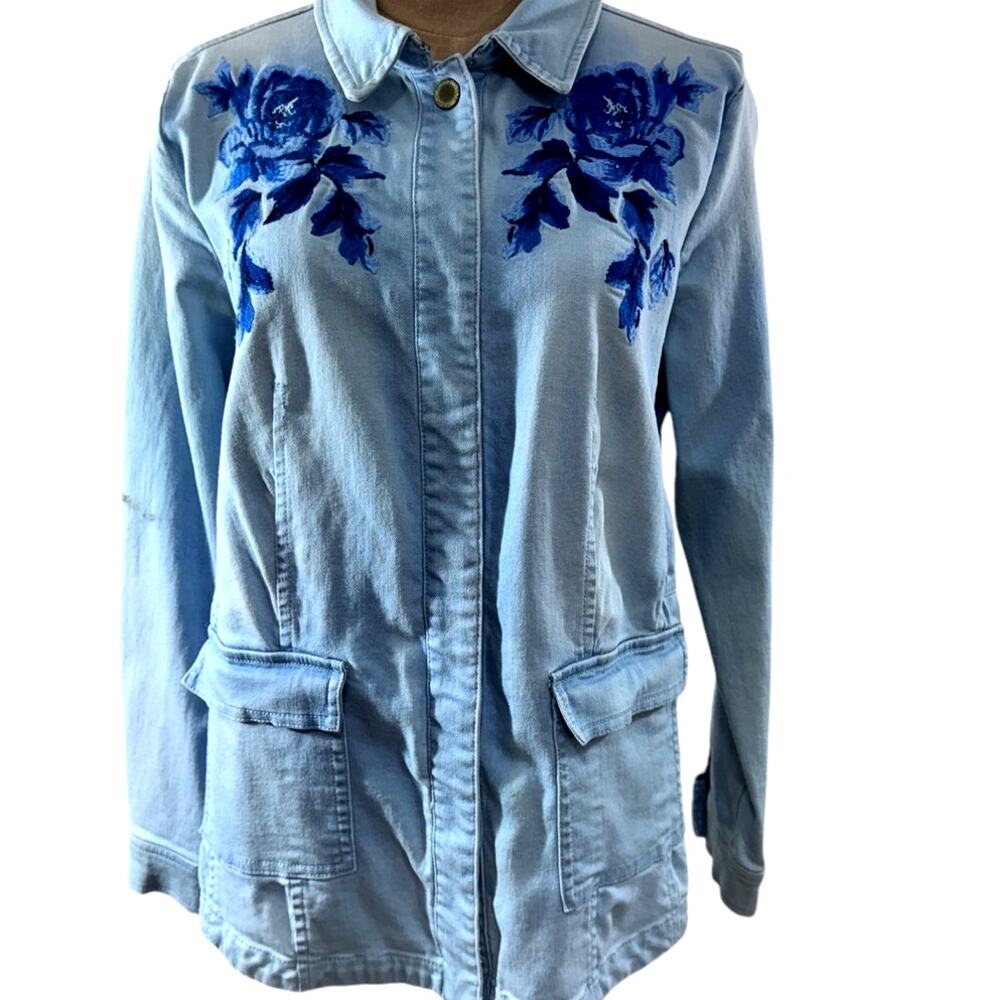 "ISAAC MIZRAHI LIVE" Bleached, Indigo Blue,Jean Jacket,Embroidered, Artsy,Whimsy
